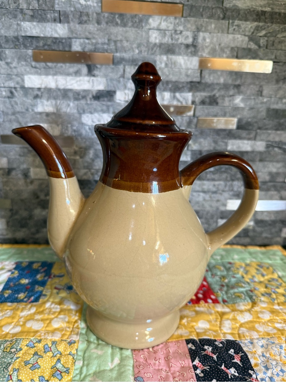 Vintage Two-Tone Stonewear Teapot in Brown and Beige